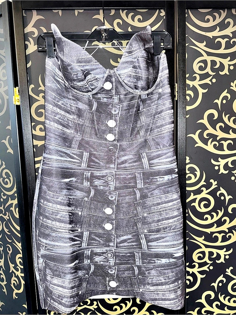 Fashion Nova Valery Bandage Mini Dress Denim Print Mini Dress Black & White Size